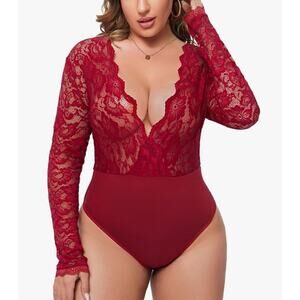 Gladiolus Red Lace Plunge Neck Long Sleeve Bodysuit New Size XL